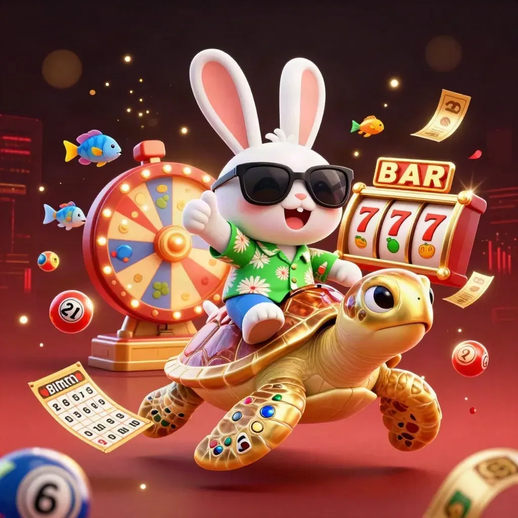 Rabbit rides a golden sea turtle amid lottery balls, bingo, reels, tickets, and glowing casino effects.