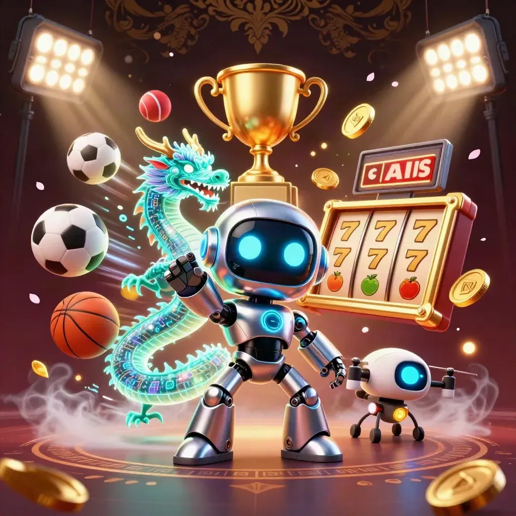 Cyberpunk robot, digital dragon, and coin drone amid sports balls, trophies, coins, and neon effects.