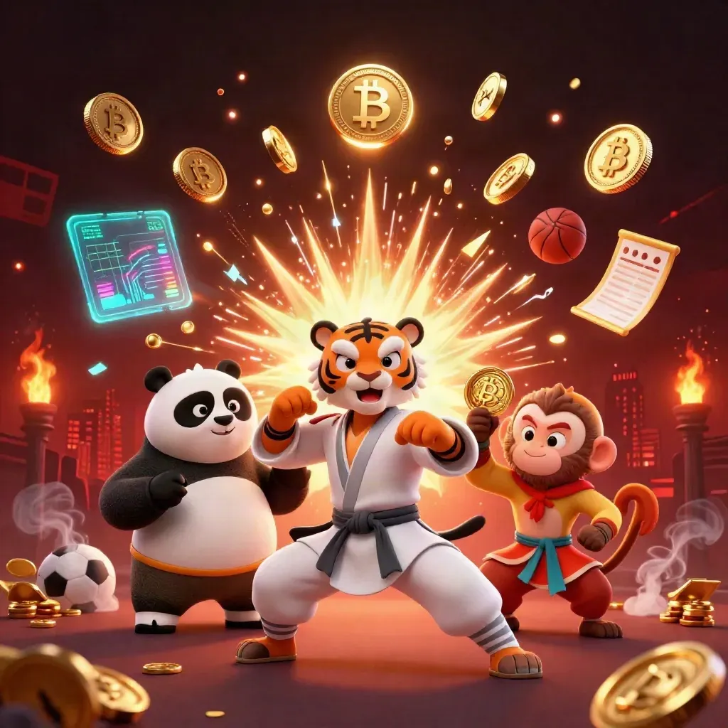 Tiger, panda and monkey celebrate amid exploding coins, vault treasure and casino effects.