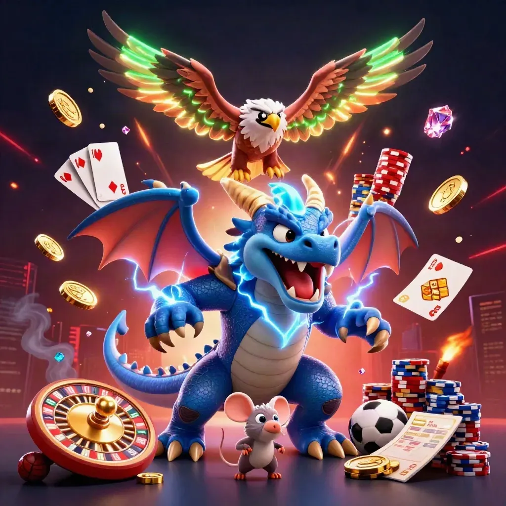 Thunder dragon, wind hawk and crackling mouse amid coins, cards, chips and fireworks