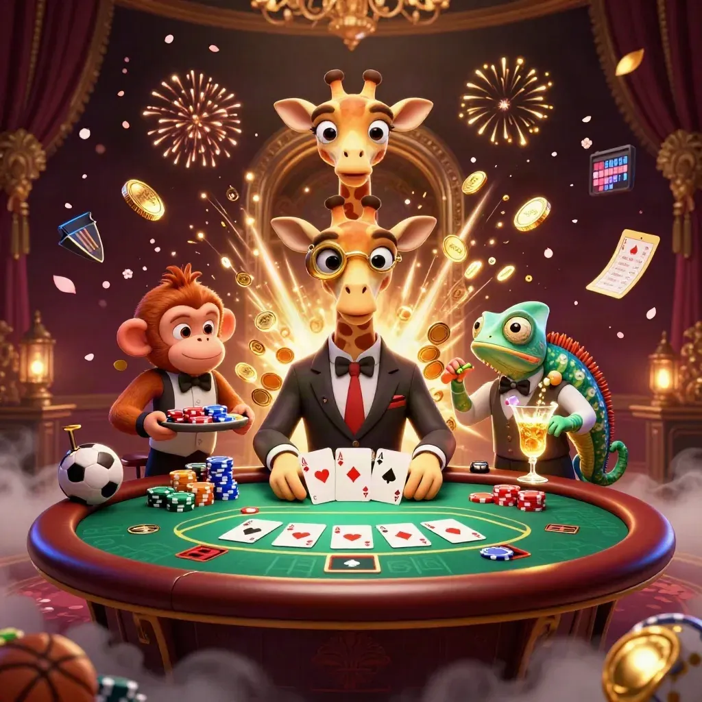 3D giraffe, monkey, and chameleon at a poker table amid gold coins, chips, fireworks, and casino glow