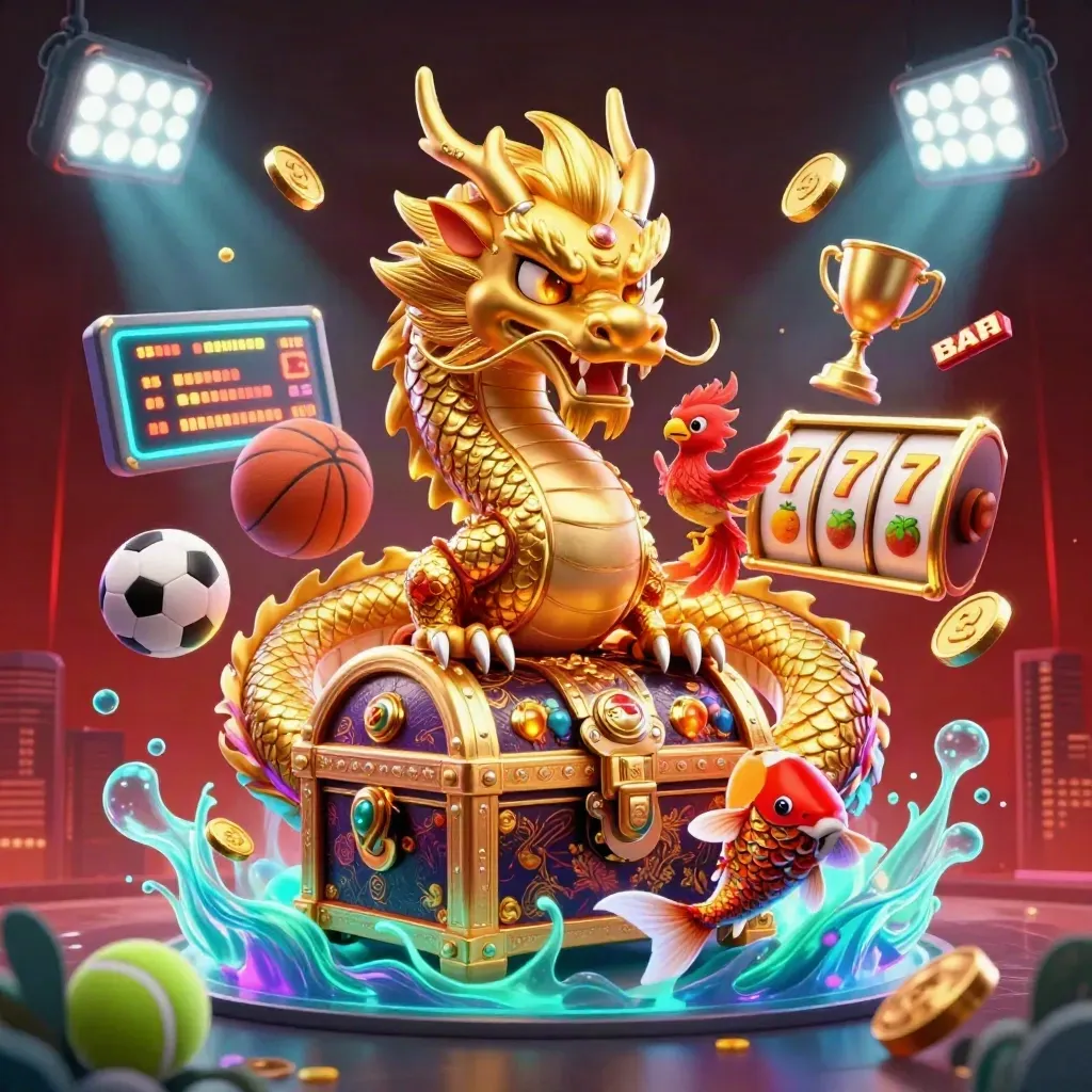 Golden dragon, phoenix and koi bursting through casino lights and sports icons.
