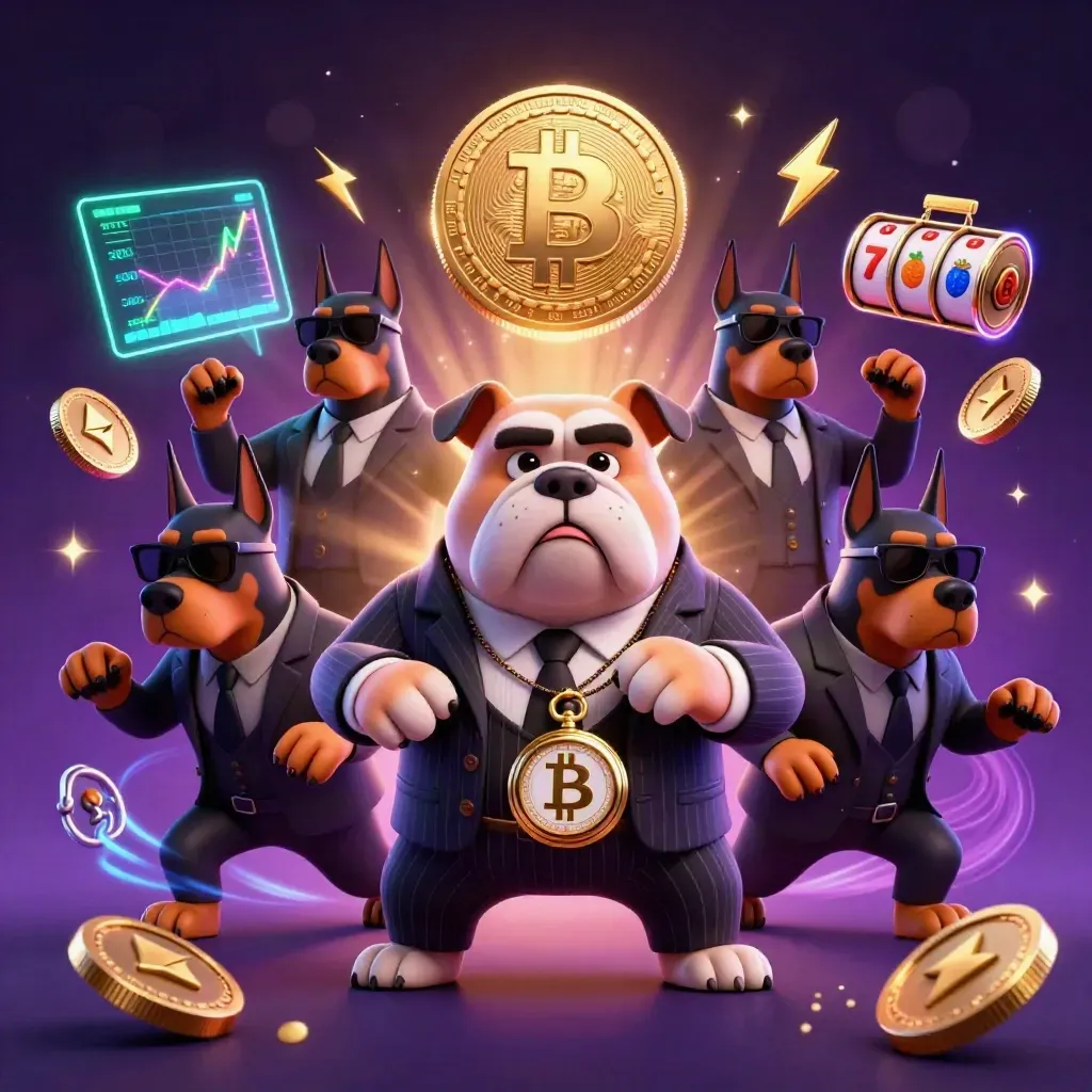 Bulldog mafia boss with two Dobermans amid casino coins, reels, lightning, and purple cosmic glow.