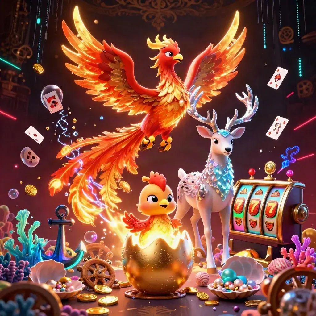 Phoenix, hatching chick, and crystal stag in a neon treasure cove casino scene.