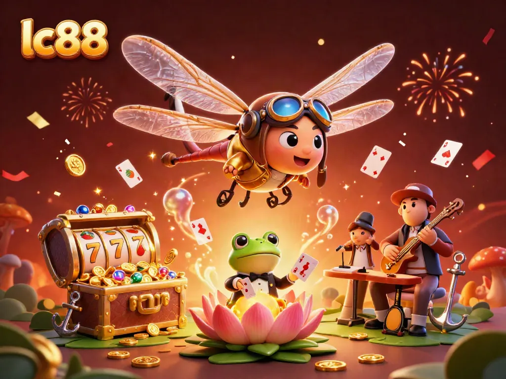 Experience thrilling action with lc88 as a dragonfly pilot and a frog dealer at a vibrant casino scene.