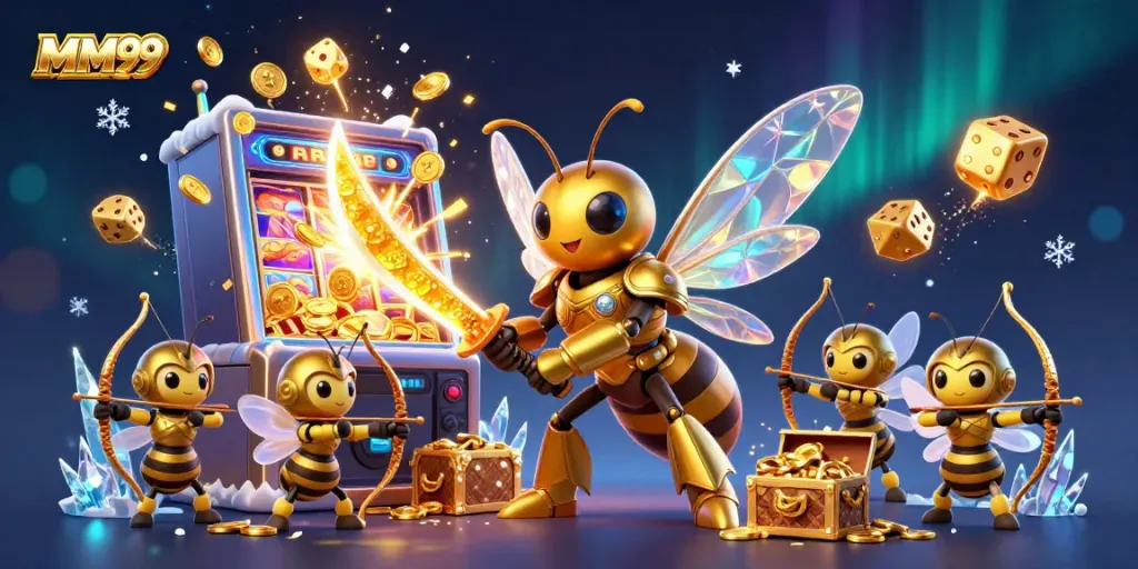 Engage with MM99's vibrant casino world featuring a golden hornet samurai amid a jackpot explosion.