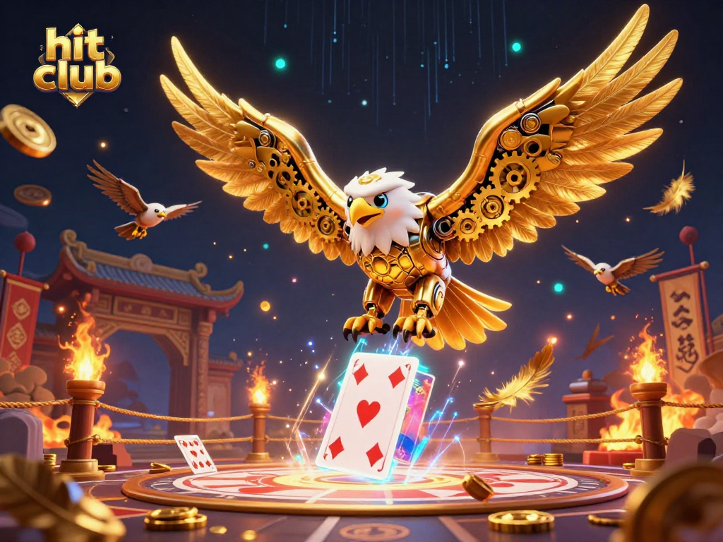 Experience the hit club atmosphere with a cybernetic eagle and holographic cards in a vibrant casino scene.