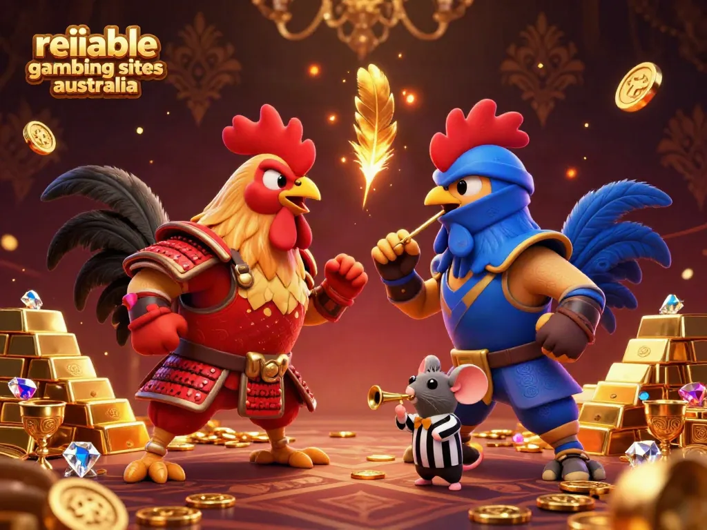 Engaging 3D illustration showcasing reliable gambling sites australia with fighting roosters, treasure, and dynamic lighting.