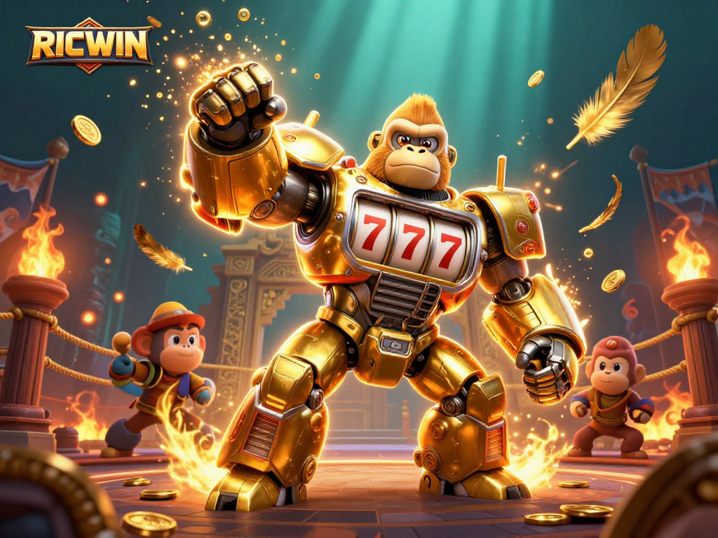 Experience excitement with RICWIN's golden gorilla slot machine mech fighting in a vibrant casino arena.