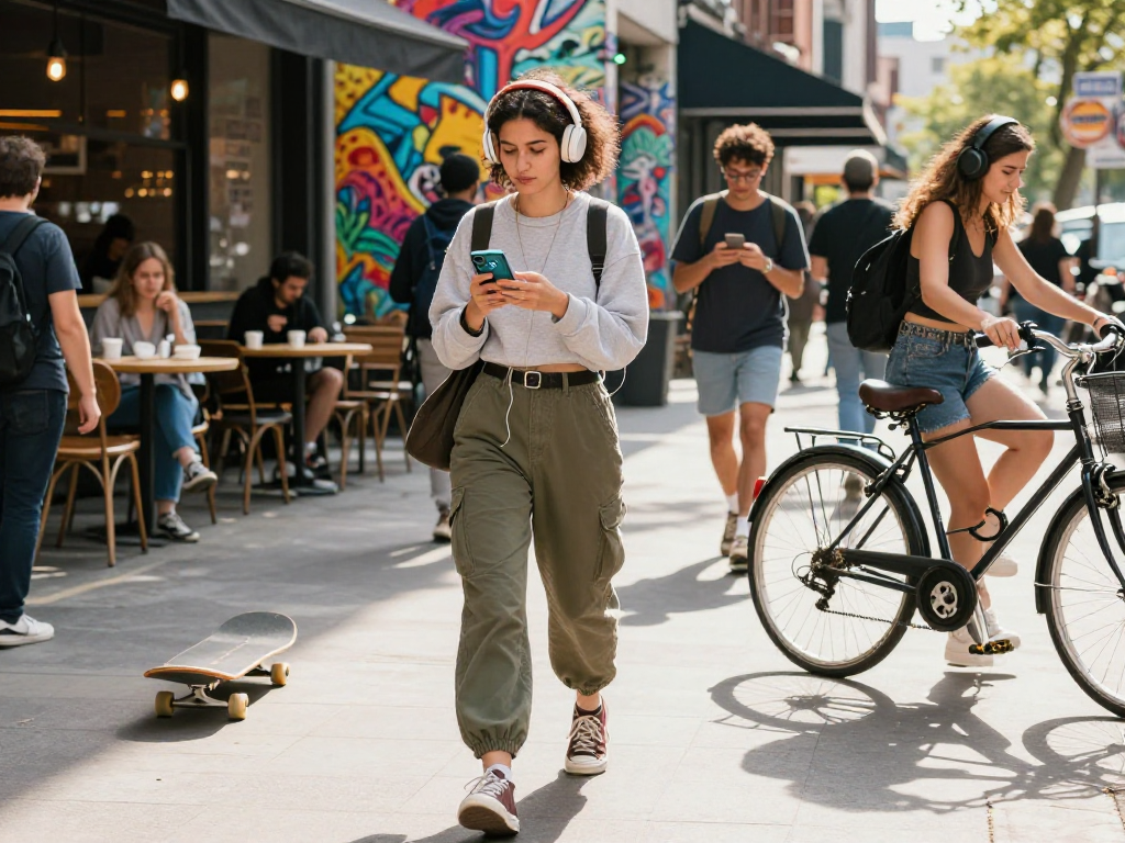 Young woman using AI assistant app in urban streetwear, engaging with her environment on the go, representing modern lifestyle and technology integration as ai slut.