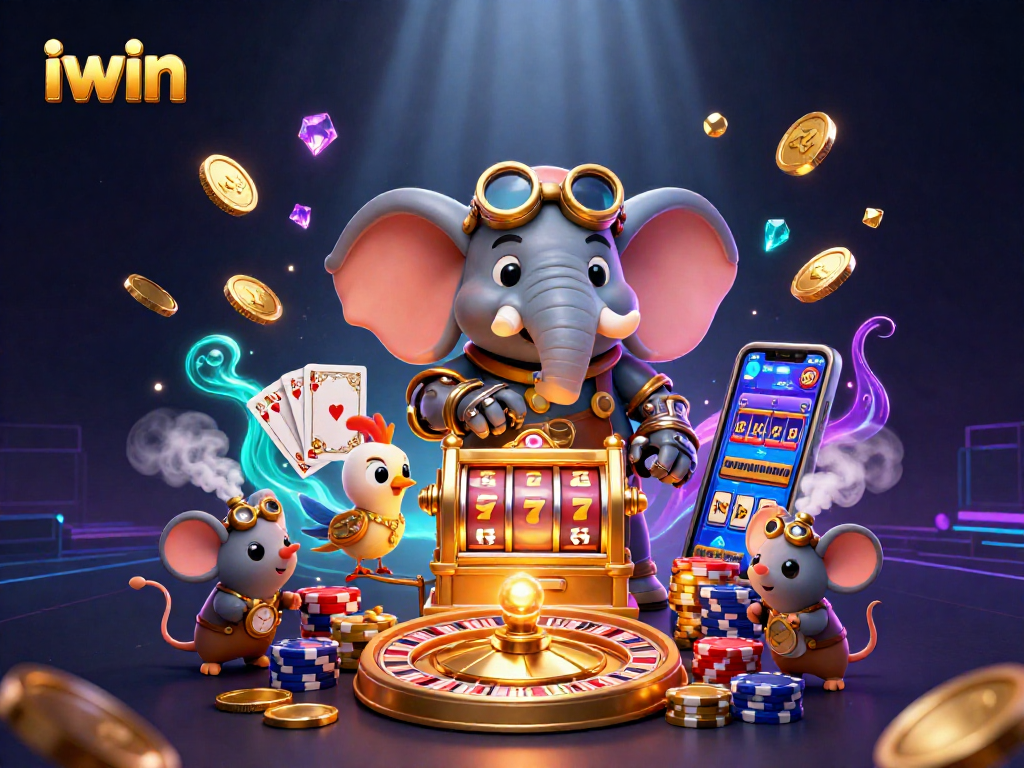 Win big with iwin in this colorful 3D casino scene featuring dynamic gaming elements.