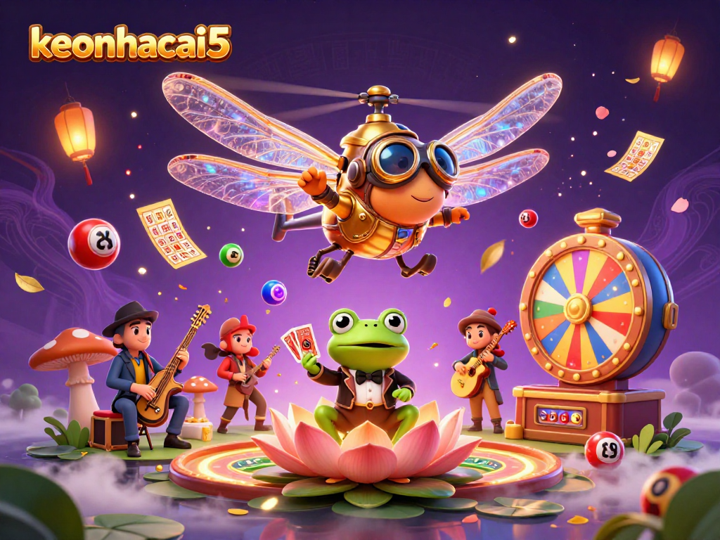 Experience the excitement of keonhacai5 with vibrant casino-themed 3D illustration filled with dynamic activities.