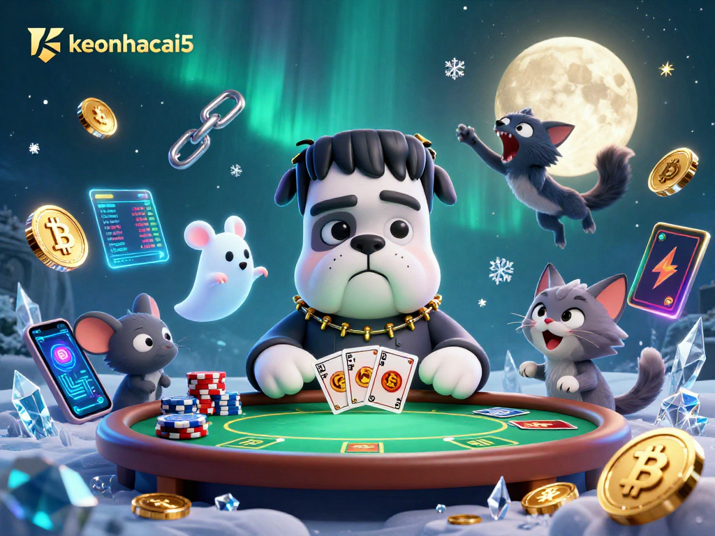 Engage with keonhacai5 at a spooky poker table featuring vibrant 3D characters and cryptocurrency elements.