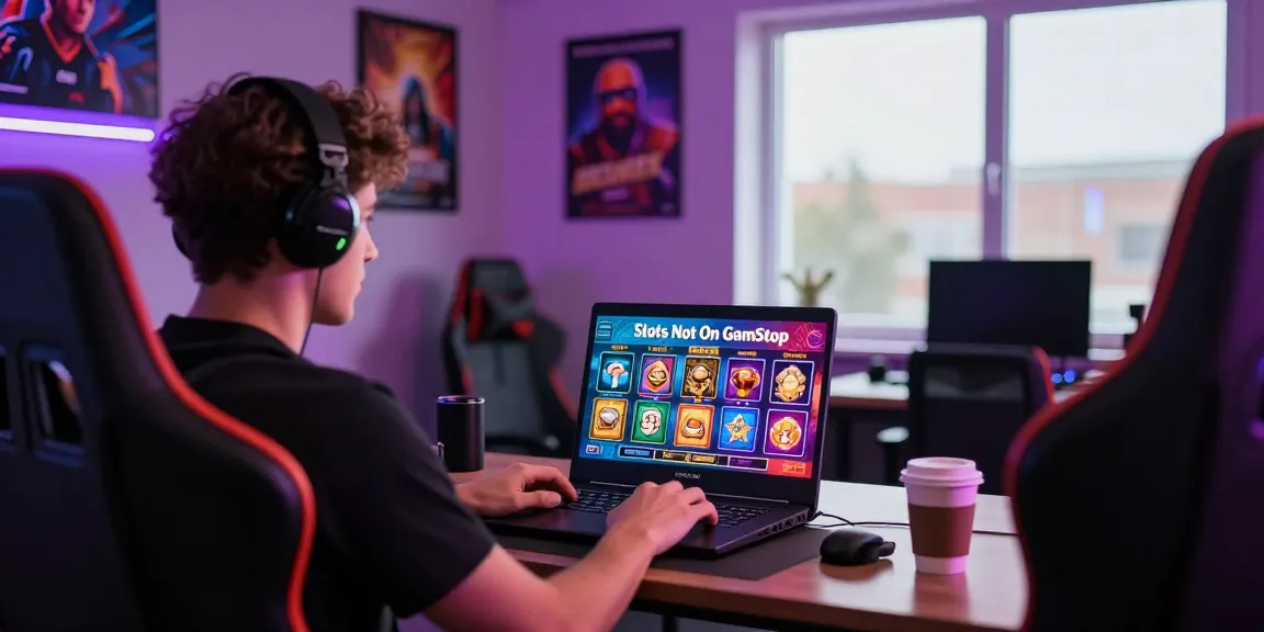 Player enjoying slots not on GamStop in a vibrant home office with colorful gaming elements.