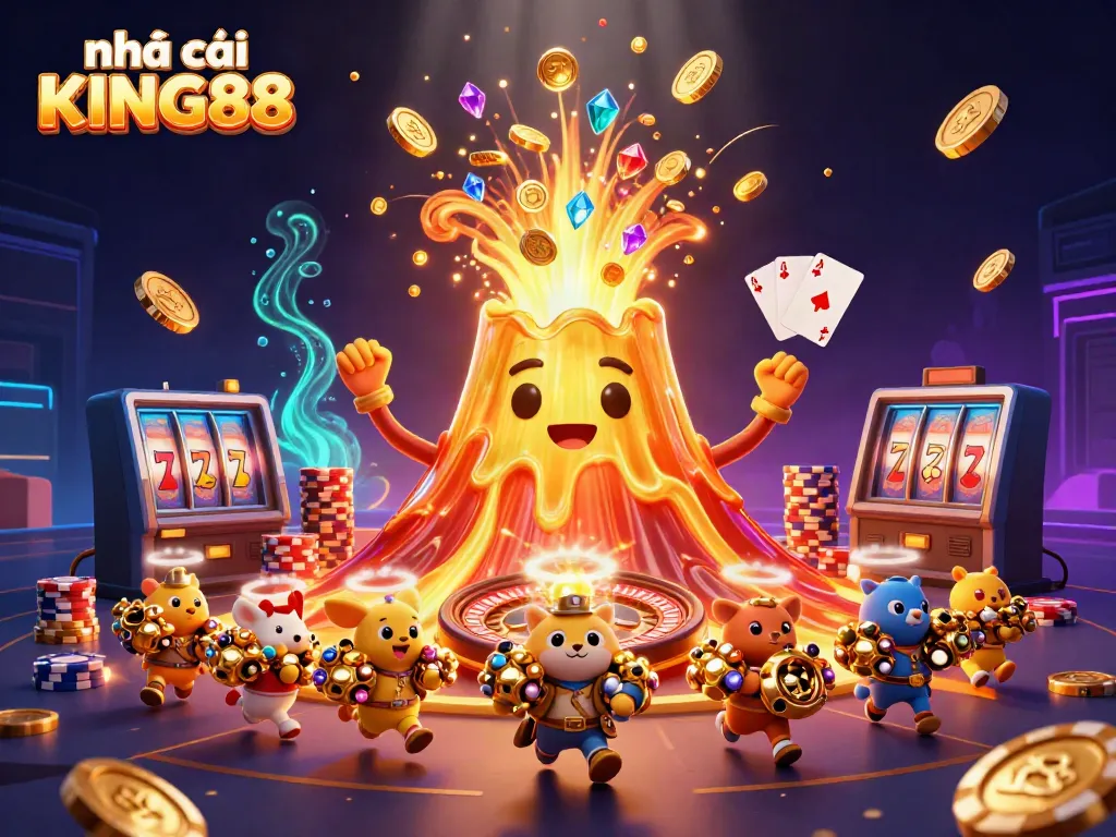 Experience excitement with nhà cái KING88 as vibrant treasure flows from the golden volcano.