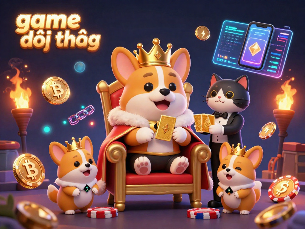 Game đổi thưởng illustration showcasing royal corgi and cat butler amid vibrant casino elements.