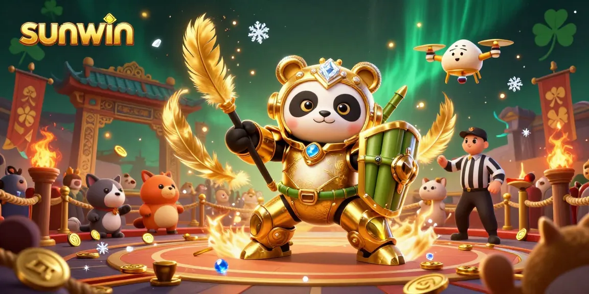 Engage in thrilling gameplay at sunwin with a vibrant panda robot in a dynamic casino arena.
