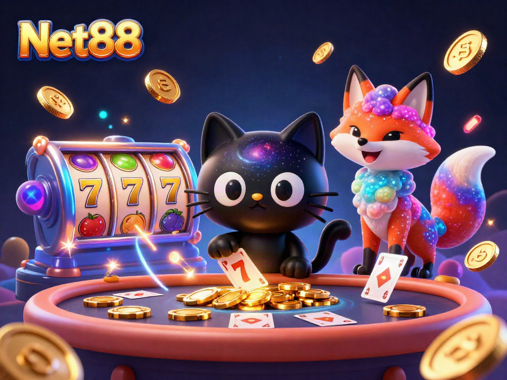 Experience the excitement of Net88 casino with vibrant slot reels and cosmic characters engaging in thrilling gameplay.