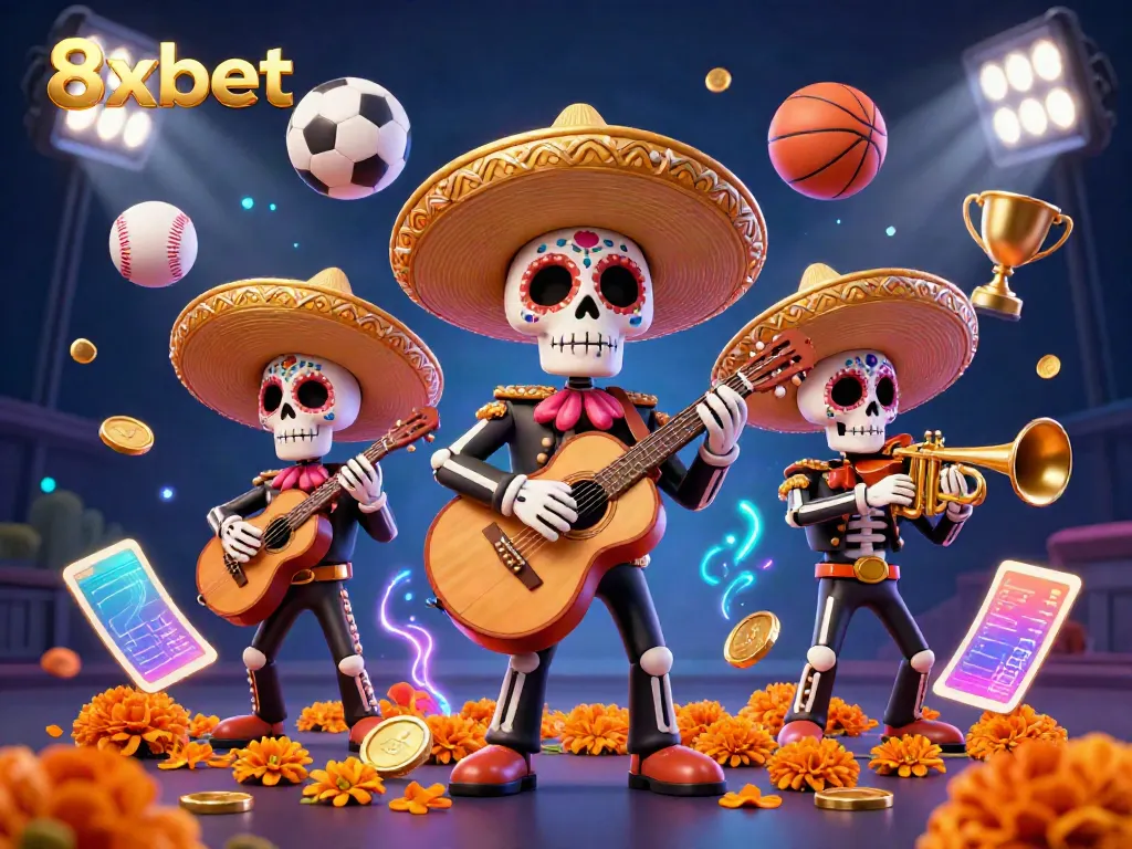 Experience 8xbet’s vibrant casino world with a lively mariachi band and exciting sports elements.