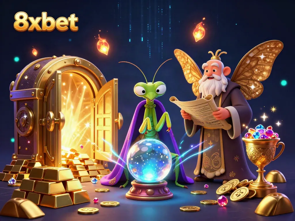 Engage with 8xbet's thrilling online casino gameplay featuring a mystical fortune teller and treasure elements.