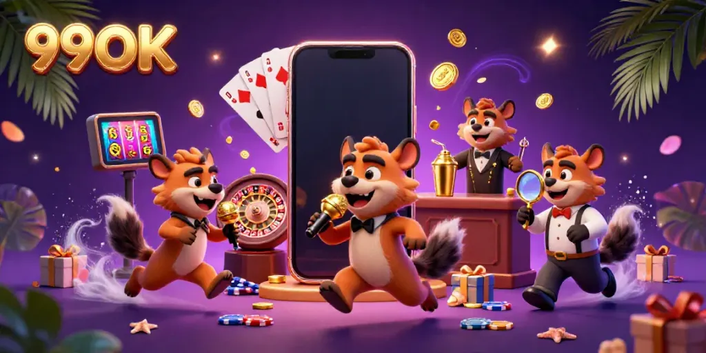 Experience the vibrant comedy casino scene at 99OK featuring playful hyena characters and gaming elements.