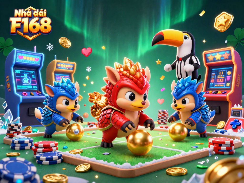 Experience thrilling fun with Nhà cái F168; vibrant pangolin duel amid poker chips and arcade gaming.