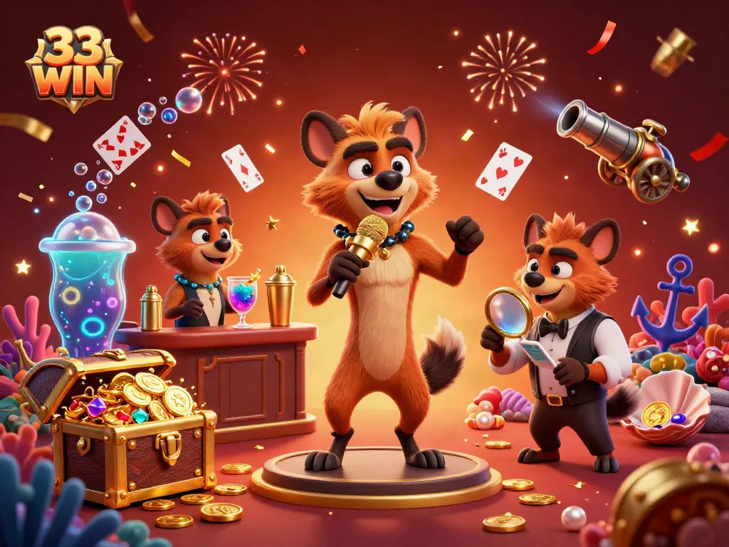 Hyenas in a lively casino scene showcasing 33 WIN, featuring comedy, drinks, and gaming