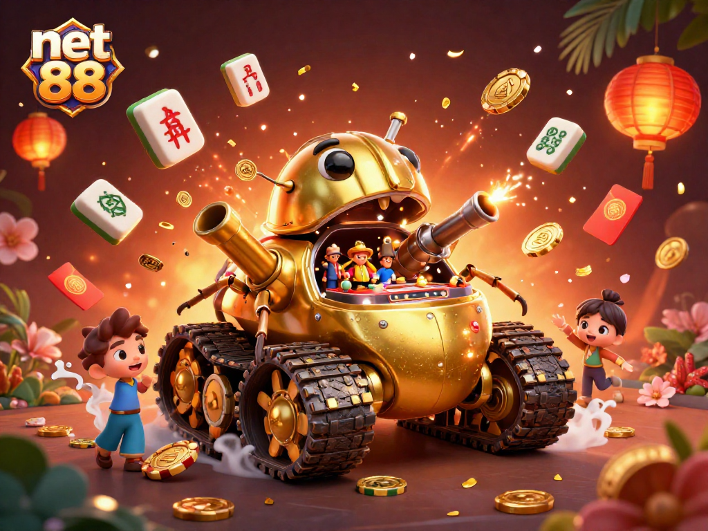 Experience net 88 in this vibrant 3D casino scene featuring a golden beetle tank.