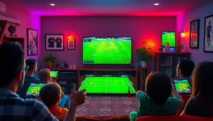 Exciting scene of fans enjoying soccer on joemadfan.com, showcasing a lively home atmosphere with digital screens.