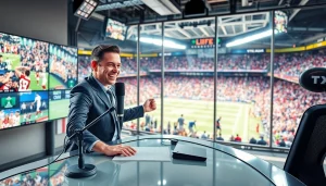 Dynamic sports broadcasting setup with a commentator, emphasizing Sports Broadcasting in action.