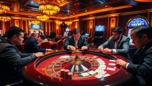 Players engaging in high-stakes poker at HAYBET casino, showcasing excitement and strategy.