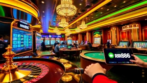 Experience rr88 đăng nhập with a vibrant online casino atmosphere, showcasing thrilling gambling elements.