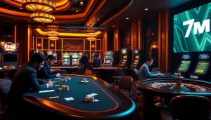 Capturing the excitement of gambling, this image features vibrant casino tables with 7m cn displayed prominently.