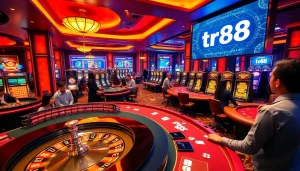 Experience thrilling gameplay at tr88 with roulette wheels and poker tables in a lively casino setting.