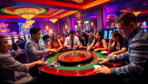Gamblers enjoying vibrant action at TK88 Casino's expansive roulette table with high-quality game elements.