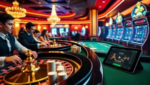 Nohu90 players enjoying exciting games at a luxurious casino table full of chips and intricate card games.