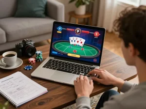 Player strategizing for CO88 online poker while comfortably seated at home, showcasing engaging gameplay.