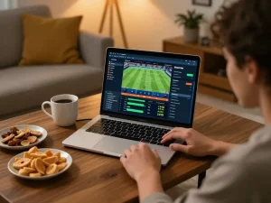 Kèo nhà cái gaming setup with a person analyzing sports betting odds on a laptop in a cozy home environment.