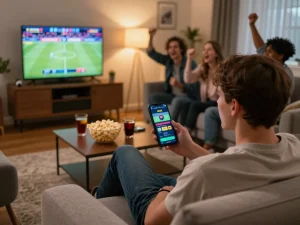 Engaging mobile gaming experience on hit club betting app during sports event with friends cheering