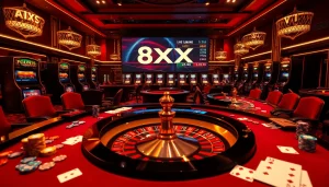 Gambling excitement featuring 8XX with roulette table and vibrant poker chips