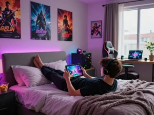 Gamer enjoying engaging porn games on a tablet in a cozy bedroom atmosphere.