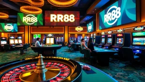 Excited players engaging at RR88 casino tables with vibrant games and decor.