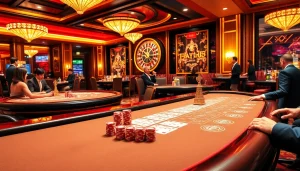 Players enjoying high-stakes poker at https://lucky88us.net/, surrounded by vibrant casino decor and chips.