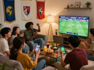 Friends enjoying a sports match while placing bets on bk8 in a festive living room