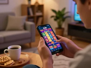 Cổng game Xo88 experience as a player spins the reels on a smartphone, surrounded by cozy living room elements.