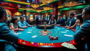 Exciting casino atmosphere showcasing chotruyen-themed gambling with poker tables and roulette wheels.
