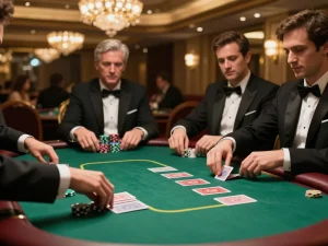 Engaged players placing bets at an elegant poker table, showcasing 789win. com's thrilling gaming atmosphere.