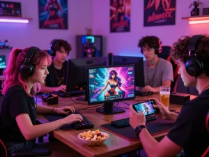 Engaged gamers playing interactive sex game online in a lively, social gaming room atmosphere.