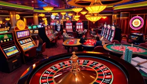 Players enjoying exciting games at Hubet's upscale online casino, highlighting vibrant slot machines and poker tables.