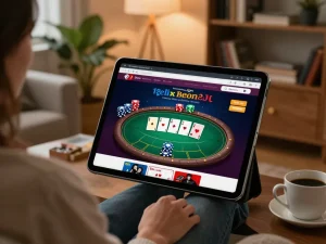 Engaged player enjoying ATQ 777x online poker on tablet in a cozy setting with coffee.